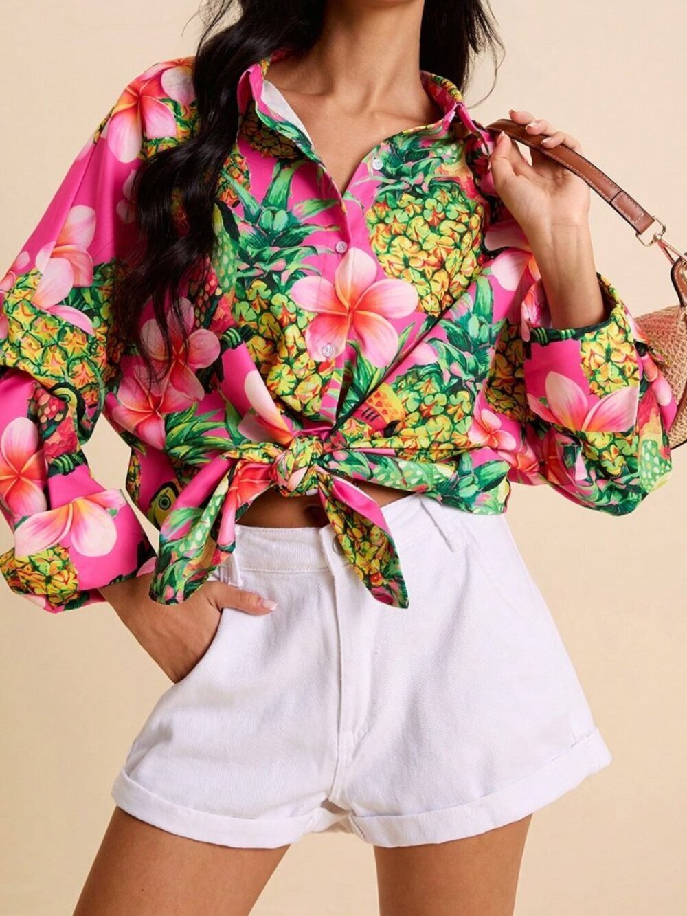 Multicolor Boho Women's Tropical Loose Fit Floral Pineapple Shirt - Picture 3 of 8